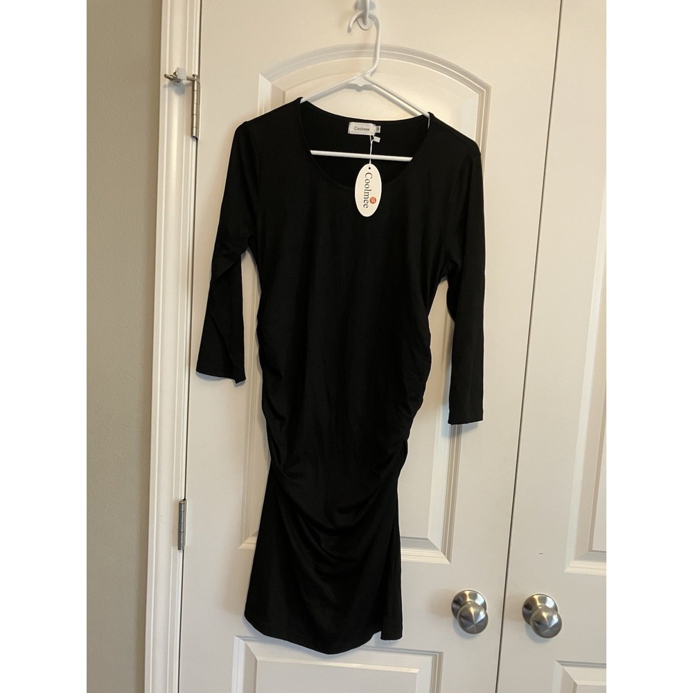 Coolmee Bodycon Dress Maternity Medium Black NWT Ruched Long Sleeve Knee Length